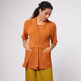"As Is" WynneCollection Short-Sleeve Shawl Collar Belted Cardigan