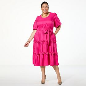 Badgley Mischka Macie Short-Sleeve Tiered Dress