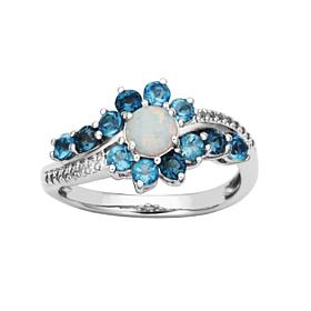 Blue Topaz, Created Opal and Created White Sapphire Swirl Halo Ring