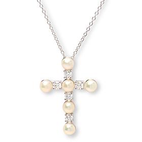 Bright Halo Lab-Grown Diamond & Cultured Pearl Cross Pendant Necklace