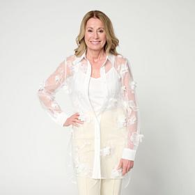 C Wonder 3D Applique Tulle Button-Front Tunic Top