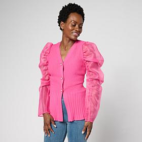 C Wonder Organza Sleeve Ribbed Cardigan