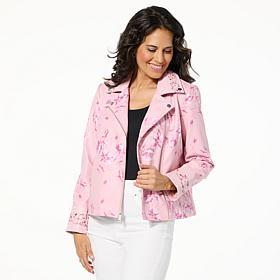Colleen Lopez Embroidered Faux Leather and Print Moto Jacket
