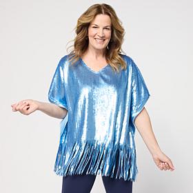 Colleen Lopez Knit Sequin V-Neck Top with Fringe