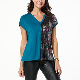 Colleen Lopez Mixed Media Sequin Detail Top