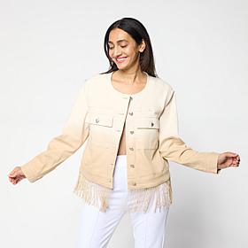 Colleen Lopez Ombre Denim Fringe Trim Button-Front Jacket