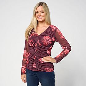 Colleen Lopez Printed Ruched Mesh Knit Top