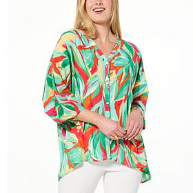 Colleen Lopez Printed Woven Dolman Top with Button Front