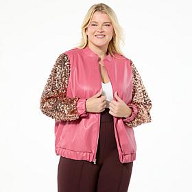 Colleen Lopez Sequin Sleeve Faux Leather Bomber Jacket