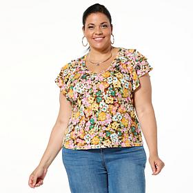 Democracy 3-Tiered Bell Sleeve Printed Slub Knit Top