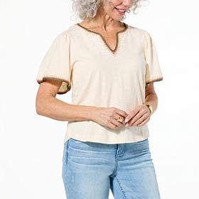 Democracy Crochet Trim Bell-Sleeve Knit Top