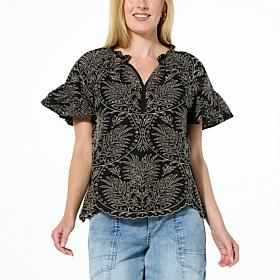 Democracy Embroidered Eyelet Flounce Sleeve Top