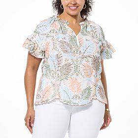 Democracy Embroidered Eyelet Flounce Sleeve Top