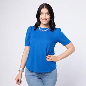DG2 by Diane Gilman Brushed Sweater Knit Short Puff-Sleeve Top