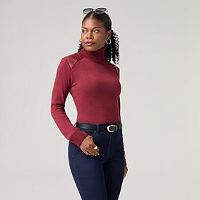 DG2 by Diane Gilman Brushed Sweater Knit Turtleneck Top with PU Det...