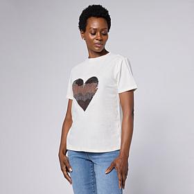 DG2 by Diane Gilman Cotton Jersey Short-Sleeve Heart Embellished Top