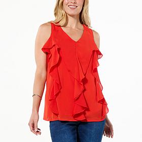 DG2 by Diane Gilman Crinkled Chiffon Ruffled Front Flounce Tank