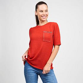 DG2 by Diane Gilman Embellished Brushed Sweater Knit Short-Sleeve Top