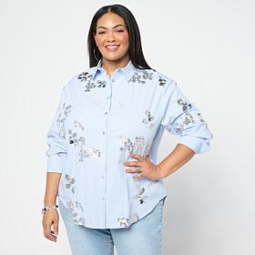 DG2 by Diane Gilman Embellished Striped Poplin Button-Down Shirt