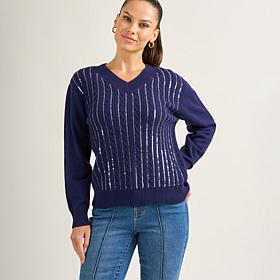 DG2 by Diane Gilman Embellished V-Neck Cable Knit Sweater