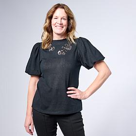 DG2 by
Diane Gilman Embroidered Balloon-Sleeve Brushed Knit Top