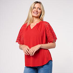 DG2 by
Diane Gilman Embroidered Eyelet Sleeve Mixed Media Tee