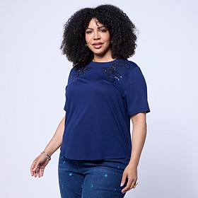 DG2 by Diane Gilman Everyday Jersey Embellished Crew Neck Tee
