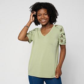 DG2 by Diane Gilman Everyday Jersey Eyelet Ruched Sleeve Top