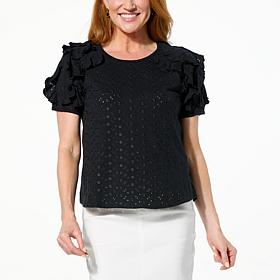 DG2 by Diane Gilman Eyelet Knit Ruffled Puff Sleeve Top