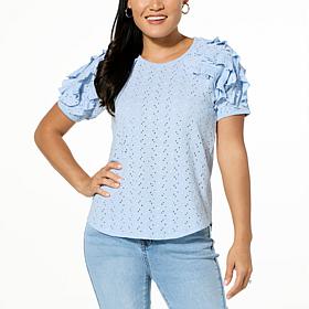 DG2 by Diane Gilman Eyelet Knit Ruffled Puff Sleeve Top