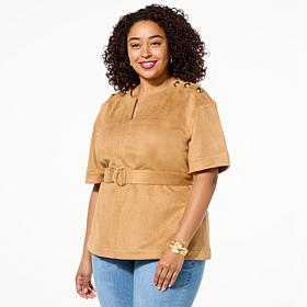 DG2 by Diane Gilman Faux Suede Button Detail Belted Tunic