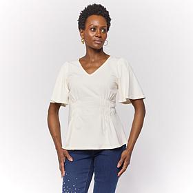 DG2 by Diane Gilman Flutter-Sleeve Shirred Waist V-Neck Knit Top