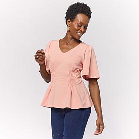 DG2 by Diane Gilman Flutter-Sleeve Shirred Waist V-Neck Knit Top