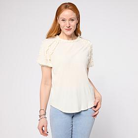 DG2 by Diane Gilman Knit Plisse Short Sleeve Ruffle Top