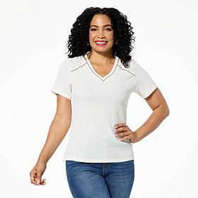 DG2 by Diane Gilman Knit Plissé V-Neck Top with Studded Trim