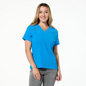 DG2 by Diane Gilman Knit Plissé V-Neck Top with Studded Trim