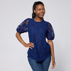 DG2 by Diane Gilman Lace Eyelet Embroidered Puff-Sleeve Top