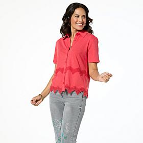 DG2 by Diane Gilman Lace Inset Knit Button-Up Shirt