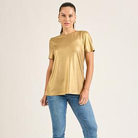 DG2 by Diane Gilman Metallic Foil Jersey Knit Short-Sleeve Tee
