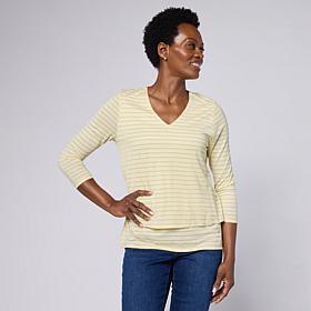 DG2 by Diane Gilman Metallic Striped Jersey V-Neck Easy Top