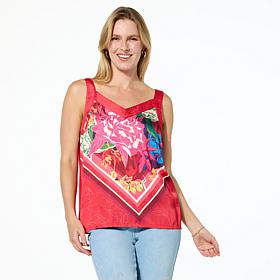 DG2 by Diane Gilman Mixed Media Scarf Print V-Neck Tank