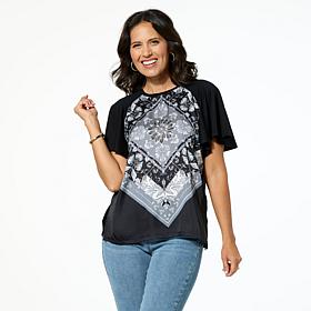 DG2 by Diane Gilman Mixed Media Scarf Printed Flutter Sleeve Top