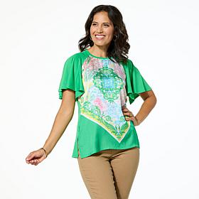 DG2 by Diane Gilman Mixed Media Scarf Printed Flutter Sleeve Top