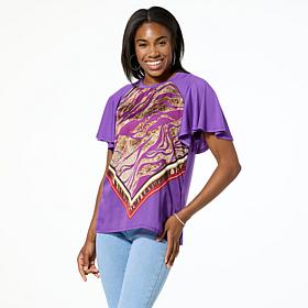 DG2 by Diane Gilman Mixed Media Scarf Printed Flutter Sleeve Top