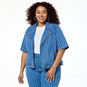 DG2 by Diane Gilman New Classic Stretch Denim Elbow Sleeve Moto Jacket