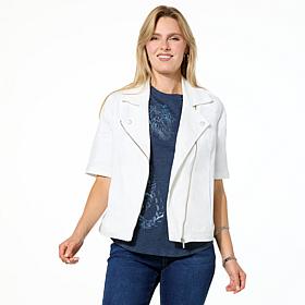 DG2 by Diane Gilman New Classic Stretch Denim Elbow Sleeve Moto Jacket