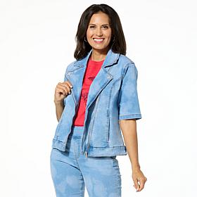 DG2 by Diane Gilman New Classic Stretch Denim Elbow Sleeve Moto Jacket