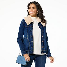 DG2 by Diane Gilman New Classic Stretch Denim Faux Fur Trimmed Jacket