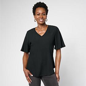 DG2 by Diane Gilman Plissé Knit Flutter-Sleeve V-Neck Top