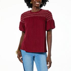 DG2 by Diane Gilman Plissé Knit Lantern-Sleeve Smocked Top